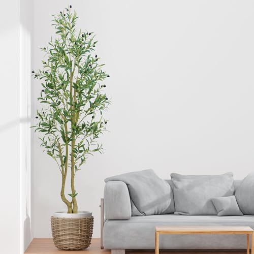 HZXGCP 6ft Artificial Olive Tree Indoor, Fake Olive Tree with White Pot, Faux Olive Tree with Dense Leaves & Realistic Fruits, Tall Artificial Plant for Home Living Room Office Entryway Decor - color: Olive Tree 6ft