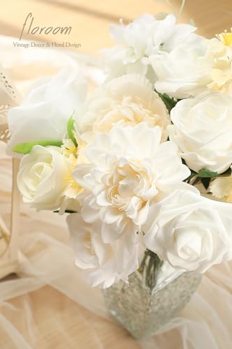 Floroom Cream White Artificial Flowers Ivory Fake Roses Peonies Dahlias and Greenery Combo Box Set for DIY Wedding Bouquets Bridal Shower Centerpieces Floral Arrangements Party Tables Home Decorations - color: Whisper of White