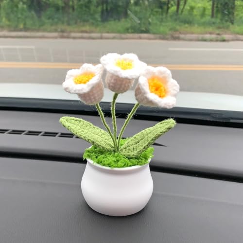 Joekaran Crochet Flowers Cute Little Potted Flower, Gift for Birthday, Teacher’s Day, Graduation, Anniversary, Christmas, Decor for Car Dashboard,Home Office Decoration (White Lily of the Valley) - color: White Lily of the Valley