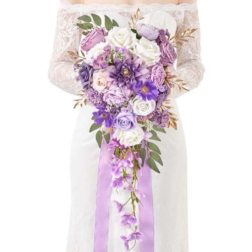 Serwalin 11 Inch Wedding Bouquets for Bride Bridesmaid, Purple Rose Bridal Bouquets for Bride, Wedding Flowers Bouquet Tossing Bouquet, Ceremony and Anniversary - color: Purple