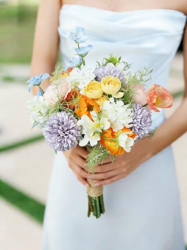 Rinlong Pastel Bridesmaid Bouquet for Wedding, Prom, Homecoming | Silk Bridal Bouquet, Destination Friendly - color: 03-pastel Pink & Purple