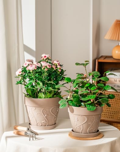 Melphoe Plant Pots Indoor with Drainage & Saucer, 2Pack 7/8 inch Flower Pots Outdoor Planters for Indoor Plants Garden Home Decor Cactus Succulent, Rigid Plastic (Imitation-Terracotta) Vine-Embossed - color: Undecorated Pottery Color, size: 7''+8"