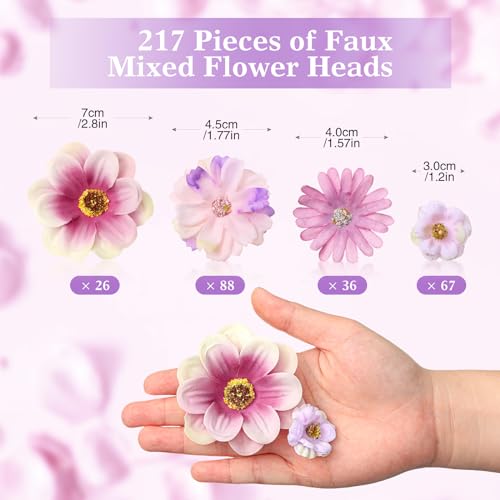 Cindeer 217 Pcs Mini Silk Flower Heads Bulk, Small Fake Flowers for Crafts Artificial 3D Loose Fabric Flower for Crafts DIY Wedding Party Hair Cap Dresses Decorations(Purple Series) - color: Purple Series