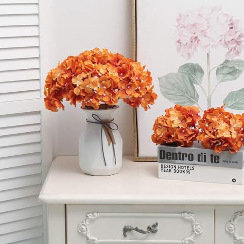 Fake Orange Hydrangea Artificial Flowers - Faux Silk Hydrangeas Flowers Heads with Stems Real Touch for Home Wedding Party Table Decor(Orange,Pack of 10) - color: Orange