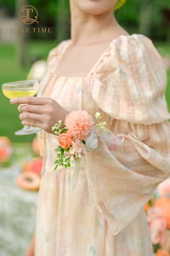 TINGE TIME Set of 2 Wrist Corsage Bracelets Pearl Wristlet Band Bridesmaid Bracelet for Wedding Ceremony Bridal Shower Wedding Artificial Flower Prom (CoralPink&Champagne) - color: Coral Pink & Champagne