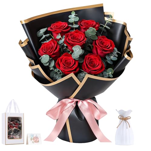 Lewondr Flower for Delivery, Preserved Flowers Bouquet, Red Roses Bouquet, Real Long-Lasting Forever Birthday Flowers Gifts for Her Wife Girlfriend Valentines Day Anniversary Mothers Day, Black-Red - color: Red