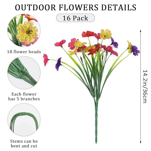 16 Bundles Colorful Artificial Flowers for Outdoors Realistic Fake Silk Flowers Faux Plants for Summer Outside Garden Porch Window Box Planters Home Farmhouse (4 Colors) - color: Rose Red and Yellow and Red and Purple, size: 15inches-16pcs