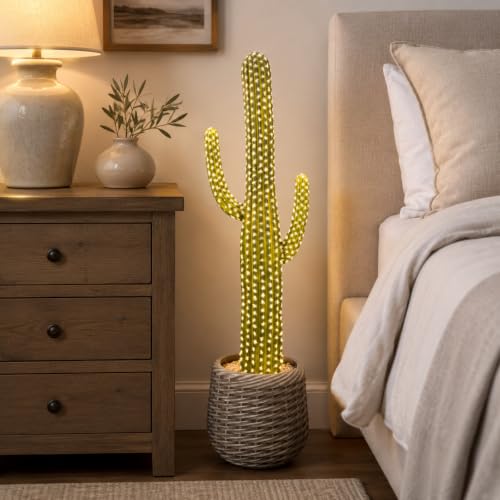bellacat 32in Fake Cactus with Warm White & Color Changing Lights, Realistic Faux Cactus Plants Indoor with Brown Decorative Planter, Artificial Cacti Light Up Plant for Home Decor - color: Brown Planter, size: 32in