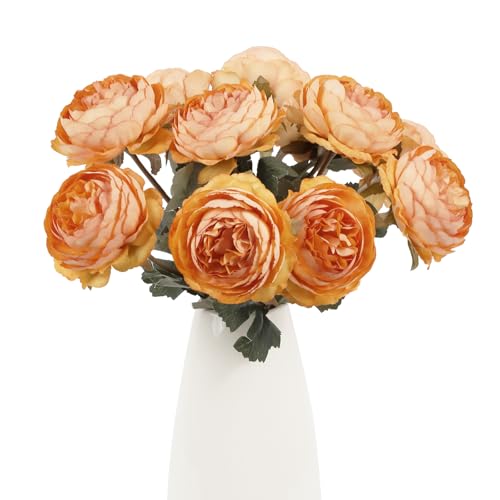 IPOPU 10pcs Orange Peonies Artificial Flowers Real Touch Silk Peonies with Stems Real Look Fake Peony for Home Table Decorations Wedding Faux Flowers Arrangements - color: Orange
