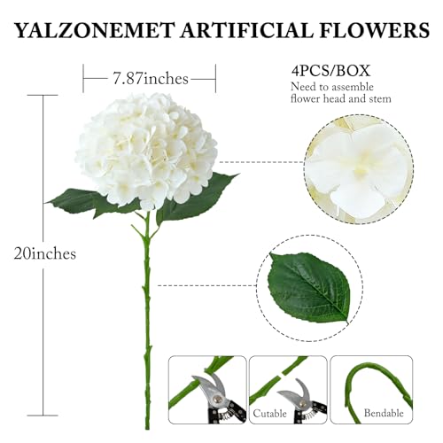 YalzoneMet 4Pcs White Silk Hydrangeas Artificial Flower Natural Lifelike Big Blooms 20'' Long Stem Faux Hydrangea Flower Bouquets for Home Party Indoor Outdoor Wedding Table Centerpiece Decor - color: White