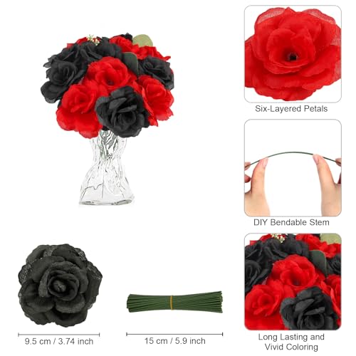 108pcs Roses Head Flowers with Stem - Red Black Artificial Flowers Rose Bulk - Silk Rose Fake Flower for Graduation Casino Theme Hollywood New Years Movie Night Birthday Decorations - color: Red-black