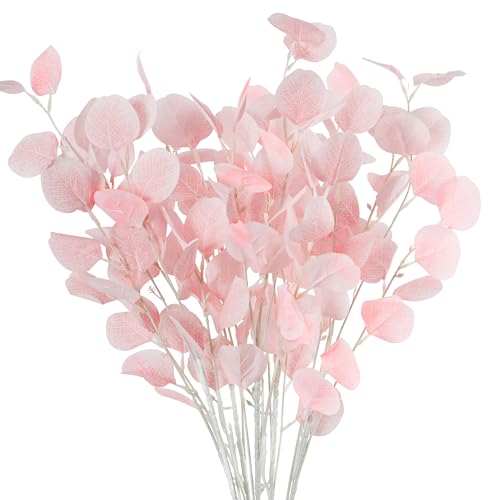 7PCS Long Artificial Eucalyptus Stems 35.4" Tall Fake Branches with Silk Apple Leaves Faux Pink Plants Bouquets for Party Wedding Flowers Arrangements Accessories Home Table Vase Decorations - color: Pink