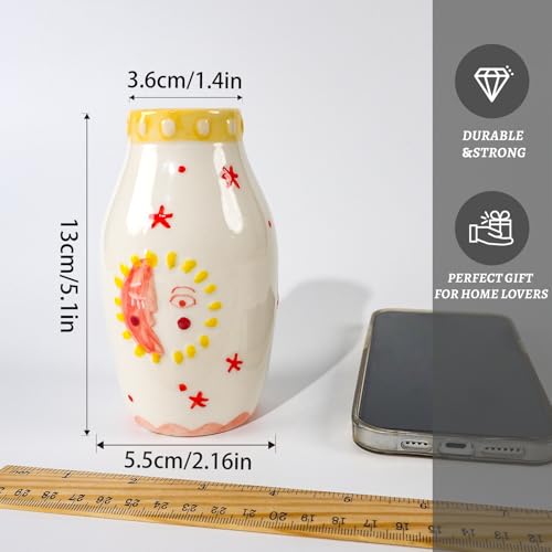 MOUGIGI Unique Ceramic Vase, Cute Boho Decor, Small Cream Vase for Dried Flowers or Single Bud - Sun and Moon Face Design - color: Boho Vase