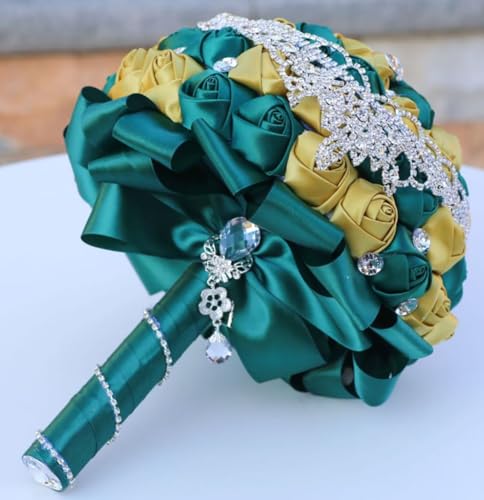Handmade Luxury Wedding Bridal Bouquet Large Silk Rose Holding Toss Artificial Flowers Bouquets with Satin Ribbon Pearls Rhinestone for Bride Vintage Royal Wedding Bouquet (Dark Green+ Golden) - color: Dark Green+ Golden