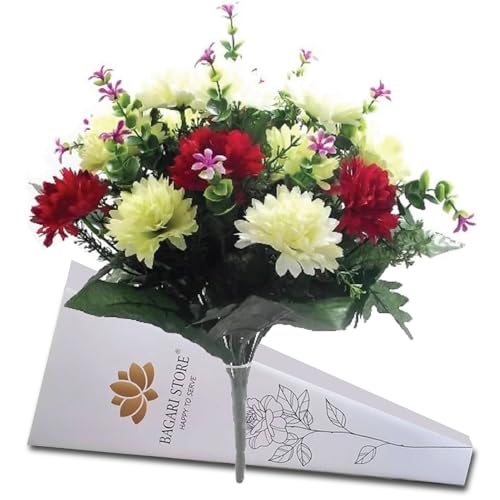 Bagari Artificial Flowers, Large Mixed Bush Grave Flowers, 16 inch Fake Flowers for Decoration, Ivory - Light Green - Red Artificial Flowers for Outdoor & Indoor Events Wedding Party Home Decoration - size: 1 Bunch