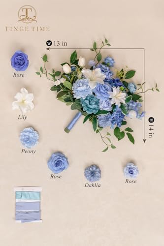 TINGE TIME 13 Inch Wedding Bouquets for Bride,Bridal Bouquet for Bride, Artificial Silk Flowers for Wedding Ceremony and Anniversary (Provence Blue) - color: Provence Blue