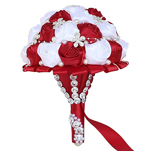 Sharebeauty 5.9 Inch Handmade Satin Rose Bridal Bouquet Toss Round Wedding Bouquet Throw Toss Artificial Flower Bunch Dark Red + White - color: W224 Dark Red/White, size: 5.9"/15cm