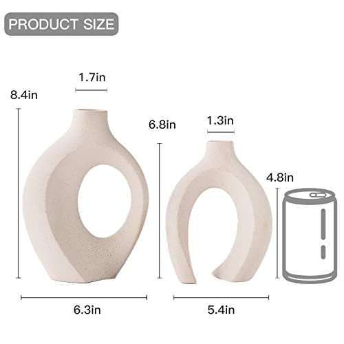 Liotww Ceramic Vases for Home Decor Set of 2, Off White Boho Small Flower Vase, Minimalist Decorative Modern Donut Vase for Living Dining Room Office Entryway Book Shelf Coffee Console Table Décor - color: Large-matte White