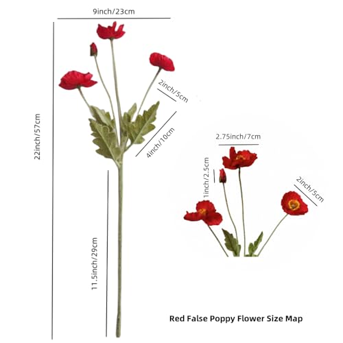3 Bundles of 22 inches Tall Red Poppy Flowers Artificial,Ranunculus Artificial Flowers,Faux Flower Stems for Wedding,Party, Outdoor Indoor Decor Flower Arrangements for Table - color: Red