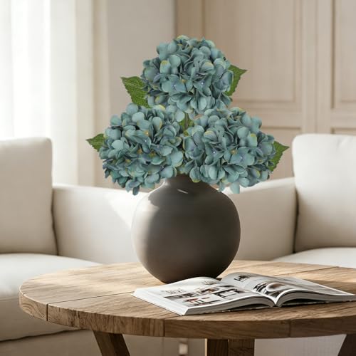 Hollyone 3Pcs Blue Hydrangea Artificial Flowers 28.7" Real Touch Large Faux Silk Hydrangeas Flowers with Stems Fake Flower for Home Wedding Floral Arrangement Centerpiece Table Vase Fall Decor - color: Blue