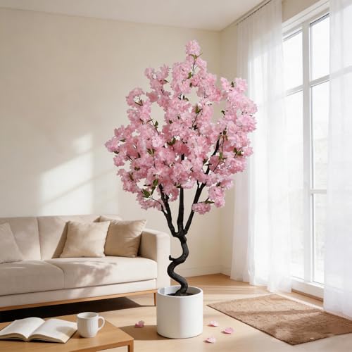 BINCUE Artificial Pink Cherry Blossom Tree Fake Tree Cherry Blossom Decor Fake Flowers Faux Flowering Tree Pink Flowers Floral Artificial Plants for Indoors Outdoors Room Home Decor Gift 6FT - color: Pink-01ap