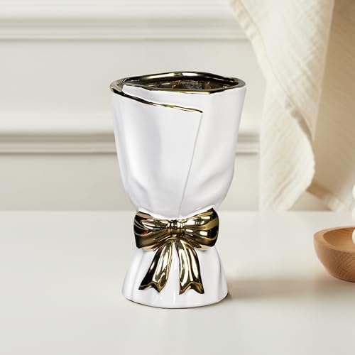 White Ceramic Vase - 7 Inch Small Bow Vases for Wedding Centerpieces, Modern Flower Vase for Home Decor, Table, Bedroom Decor, Bookshelf, Desk, Bathroom, Living Room Decor - color: White, size: 7 inch