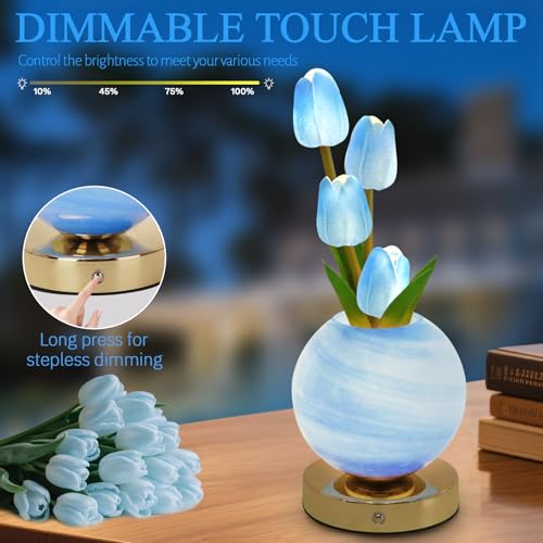 Tulip Table Lamp, Rechargeable Cordless Touch Dimming Artificial Tulip Flower Desk Lamp, LED Flower Bedside Night Light Romantic Gifts for Girl Women Mom (Blue) - color: Blue