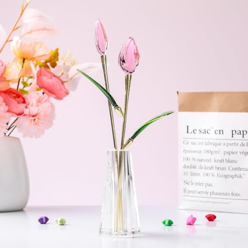 LONGWIN Crystal Tulips Flower Figurine Collectible with Vase Glass Spring Bouquet Flowers with Stem Home Decor Gift for Women Mom - color: Long - Pink