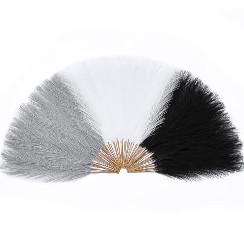Serwalin 60Pcs Black Pampas Grass Decor, 17'' Faux Pampas Grass, Fluffy Artificial Pompous Grass Vase Filler Flower Arrangement for Living Room Decor Wedding Party Home Decor (Black＆White＆Gray) - color: E Black & Grey & White