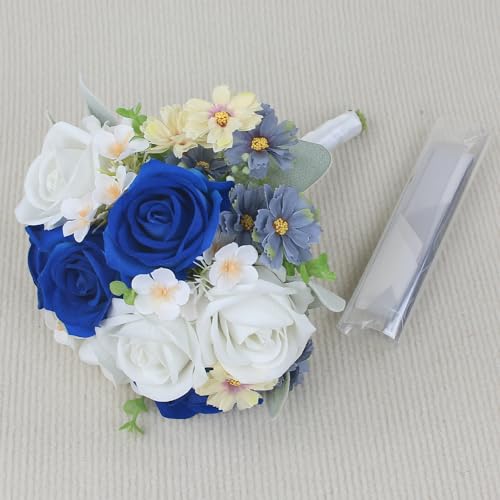 Rinlong 7" Wedding Bouquet for Bride, Navy Blue Silk Bridal Bouquet - color: 17-sapphire Blue