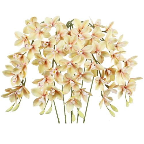 IPOPU 5 Pcs Real Touch Faux Orchid Champagne Orchid Artificial Flowers with Long Stem for Wedding Party Centerpiece Bridal Bouquet DIY Home Living Room Decoration - color: Champagne