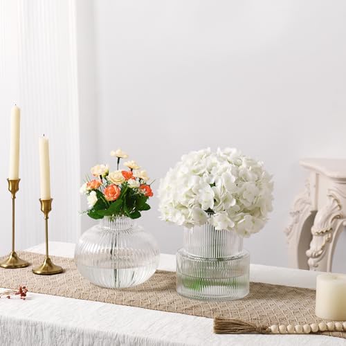 Ribbed Glass Vases, Set of 2 Fluted Vases for Flowers, Clear Glass Vase for Tulips, Modern Vase for Living Room, Kitchen, Office, Entryway, Mantle, Bookshelf, Wedding Gifts, Birthday - color: Clear, size: Ribbed + Round (2-Pack)
