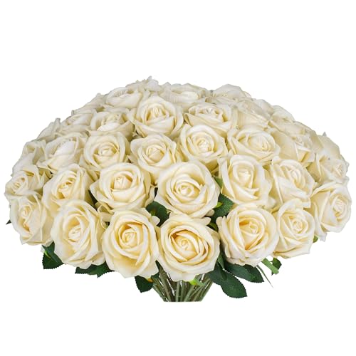 30 PCS Fake Champagne Roses, Artificial Flowers Bulk Realistic Silk Faux Rose with Stems for Wedding Decorations, Bridal Bouquets, Mother's Day Thanksgiving DIY Floral and Home Decor - color: Champagne, size: 30 Pcs