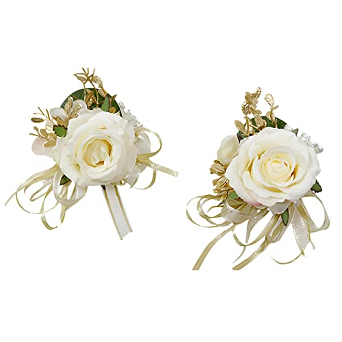 Champagne Rose Wrist Flower Corsage & Boutonniere Set for Wedding Bride Bridesmaid Groom Groomsmen Parents Suit Lapel Pin Button Hole Flower for Prom Homecoming, Tea Party, Formal Dinner - color: Champagne Set