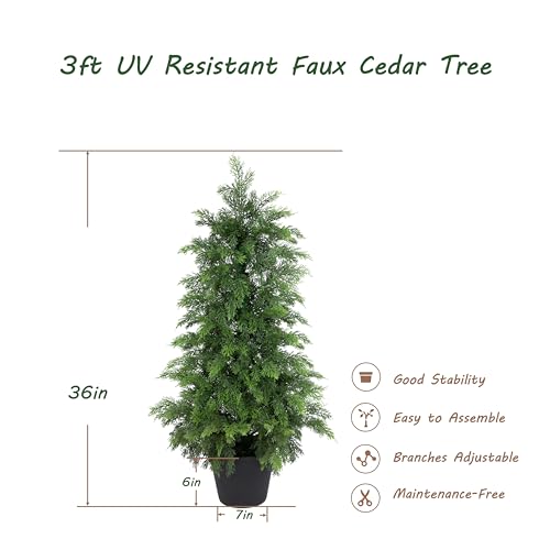 Bellacat 3ft UV Resistant Full Faux Cedar Tree with Soft Real Touch Leaves, 36in Lifelike Topiary Trees Artificial Outdoor, Fake Cypress Tree for Front Door Porch Patio Deck Home Decor, 2Pack - color: Green-2pack, size: 3ft