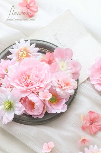 Floroom Mini Artificial Flower Heads Pink & Blush Fake Peony Daisy Rose Multicolor Small Faux Silk Flower Heads for Cake Craft Garland Wedding Party Graduation Cap DIY Home Decoration, 0.8"-3.6" - color: Serena Blush & Pink