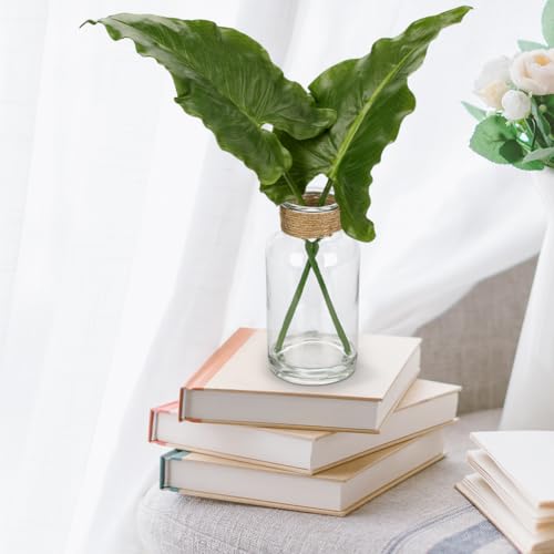 GnFlus Faux Greenery Stems in Glass Vase with Faux Water, Silk Alocasia Realistic Fake Plants Artificial Tropical Leaves for Home Office Farmhouse Wedding Centerpiece Décor - color: Alocasia #1