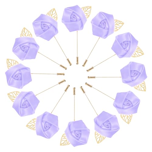 M METERXITY 12-Pack Flower Lapel Pins for Men, Golden Leaf Rose Boutonnieres Pin for Wedding/Dance/Party, Mens Lapel Pins for Suits Satin Flower Corsage Hat Pins [Light Purple] - color: Light Purple