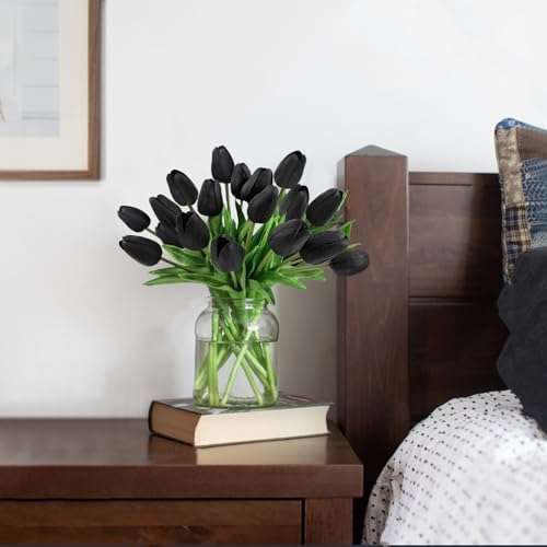 Beferr Black Tulips Artificial Flowers 18pcs Faux Tulip Real Touch Fake Flowers Bouquets for Halloween Easter Gifts Home Party Wedding Table Decorations - color: O-18pcs-1colors-black, size: 18PCS
