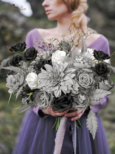 Serwalin Artificial Flowers Grey Fake Flowers Box Set, Silk Flowers with Stems, Faux Wedding Flower Cake Flowers for DIY Wedding Bouquets Bridal Shower Centerpieces Floral Arrangements Decor - color: Black & Grey, size: Square