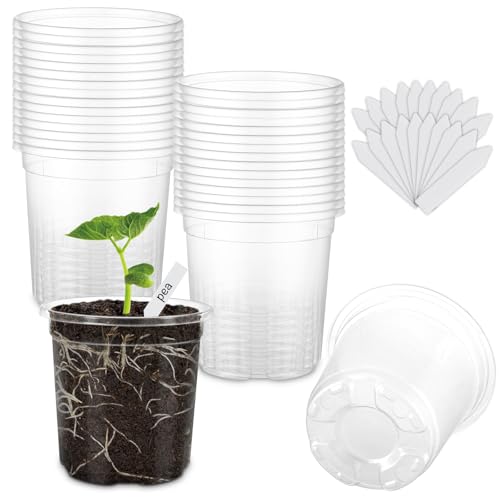 30 Packs 4 Inch Reinforced Clear Nursery Pots for Plants with Drainage Holes, High Transparency Plastic Seedling Plant Pot with Drainage Holes Have 20 Labels - size: 4 inch 30p