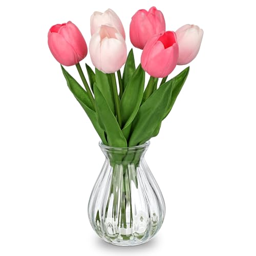 Artificial Tulips Flowers Floral Arrangement - 6 Pcs Faux Flowers in Clear Glass Vase with Faux Water 12.5" Pink & White Ombre Fake Tulip Bouquet Centerpiece for Dining Table Home Wedding Office Decor - color: A-pink&white