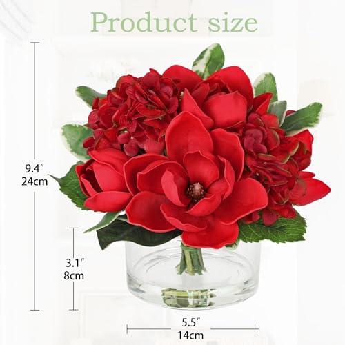Briful Artificial Magnolia and Hydrangea Flower Arrangement in Glass Vase 9.4" Realistic Red Silk Fake Flower with Faux Water Fake Floral Centerpieces for Home Room Office Table Shelf Décor - color: Red