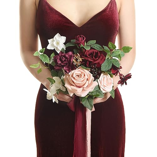 Ling's moment Burgundy Artificial Wedding Flower Bouquets for Bridesmaids Blush Floral Bouquet Mashala Bridesmaid Bouquets with Ribbon Ceremony Anniversary Homecoming,7-inch Diameter - color: Red-marsala & Blush Pink