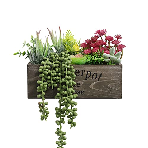 Hopewood Artificial Succulent Plants Arrangement in Wooden Planter, Fake Succulents Plants in Rustic Wood Box,Faux Succulent in Rectangular Pot,Centerpiece,Home Office Shelf Indoor Decor Plants