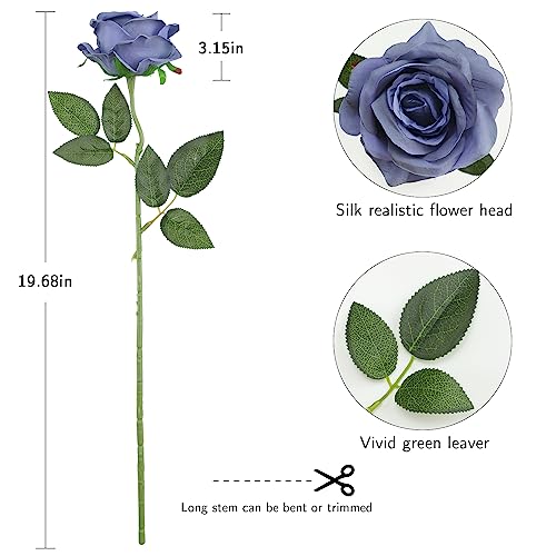 Tifuly Dusty Blue Roses Artificial Flowers - 12 Pcs Long Stem Silk Roses, Realistic Fake Roses with Stem for Bridal Bouquets, Home and Office Decor - color: Dusty Blue