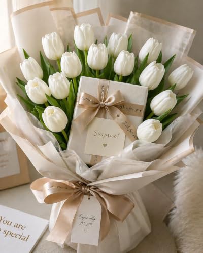 20 Artificial Tulip Flowers – Real Touch Faux Tulips Bouquet for Home Decor, Wedding Centerpieces, Bridal Arrangements, Office, and Spring Floral Decorations (20, White)