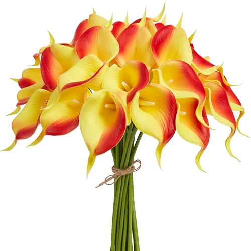 Artificial Calla Lily 12Pcs Orange Real Touch Faux Flowers for Wedding Bouquet, Bride Bridal Shower, Spring Home Kitchen Table Decor, Fake Lilies for Centerpieces, Party Decorations - color: Red Yellow