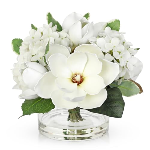 Briful Artificial Magnolia and Hydrangea Flower Arrangement in Glass Vase 9.4" Realistic White Silk Fake Flower with Faux Water Fake Floral Centerpieces for Home Room Office Table Shelf Décor - color: White
