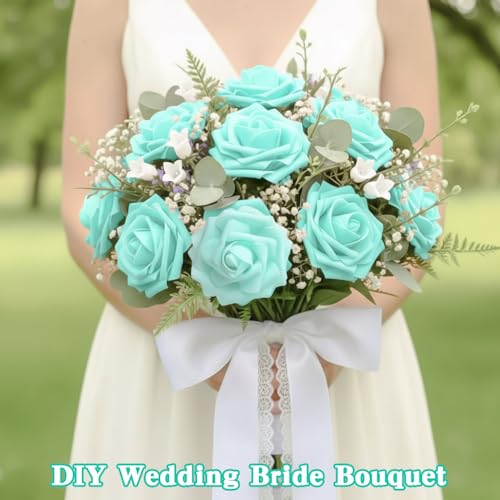 Artificial Flowers, 25pcs Real Looking Teal Green Foam Fake Roses with Stems for DIY Wedding Bouquets Baby Shower Centerpieces, Artificial Rose for Cake Flowers Party Table Home Decorations - color: Teal
